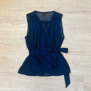 Banana Republic Navy Blue Sheer Surplice Faux Wrap Sleeveless Blouse